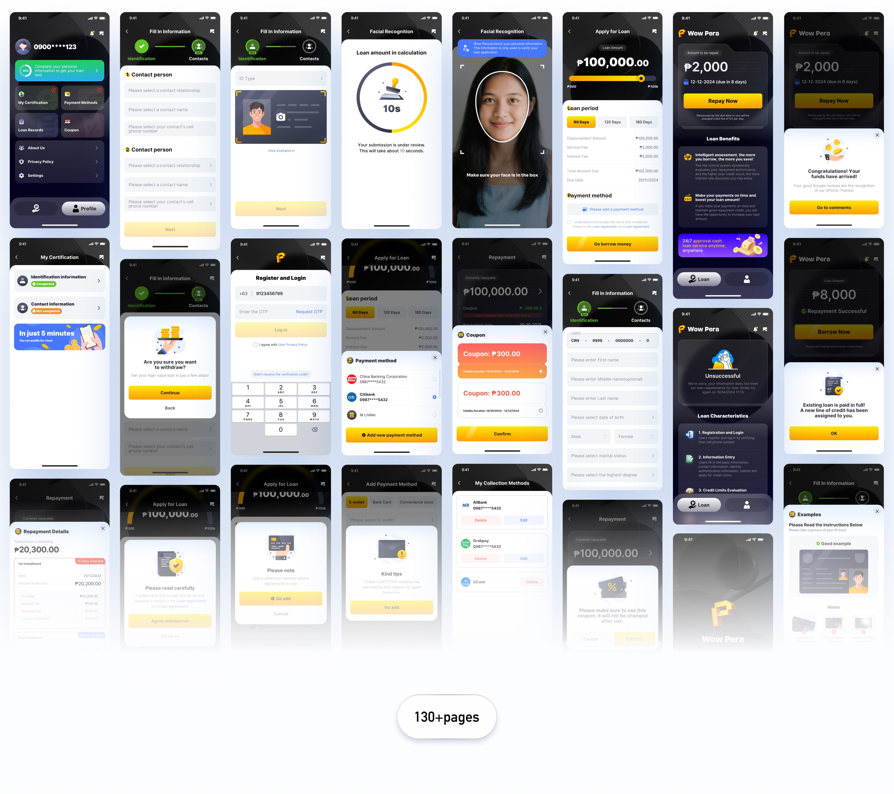 WowPera 应用的登录、借款申请、账单与状态页面总览。