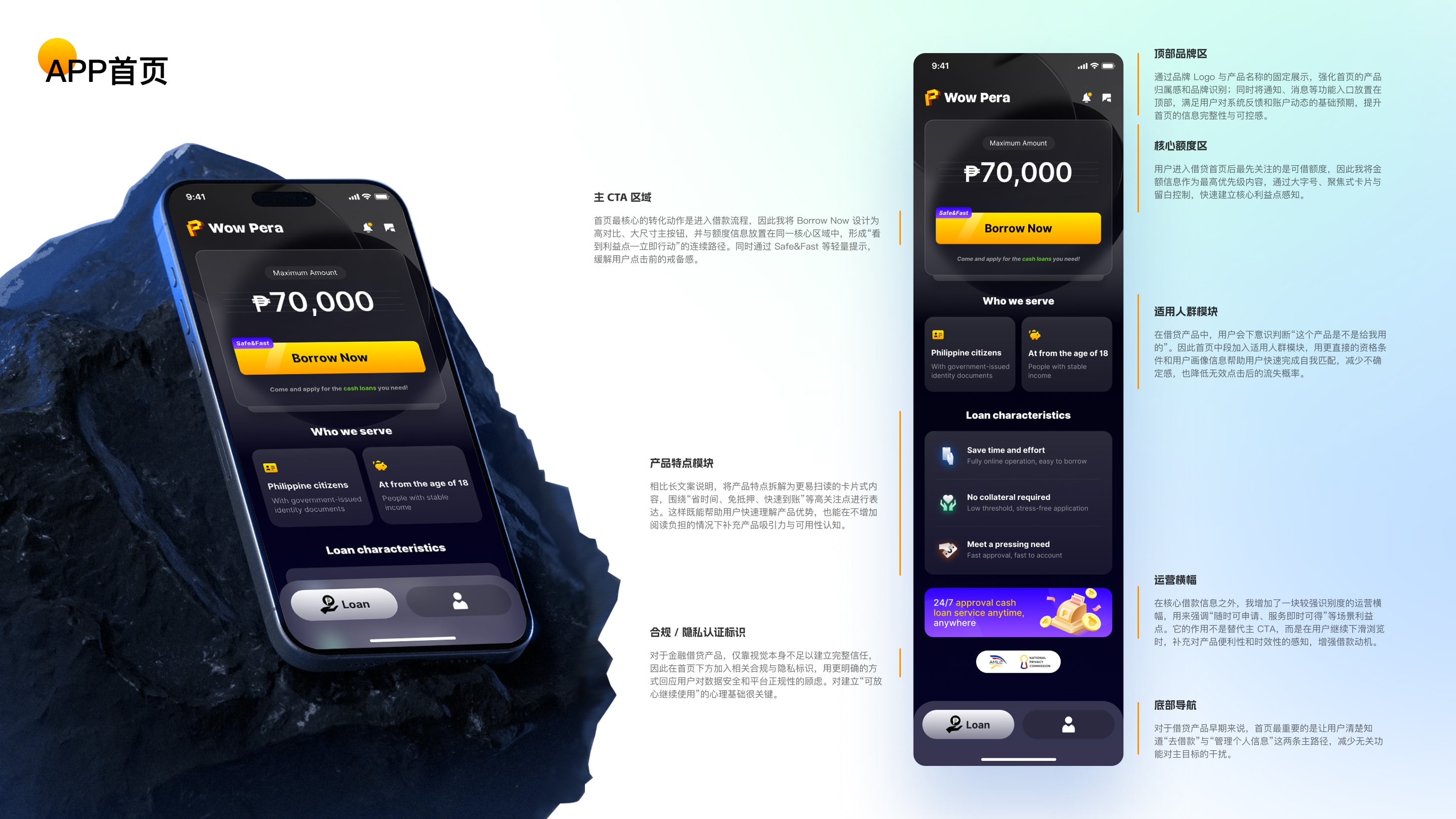 WowPera 黑金配色借款首页的手机样机与界面设计说明。