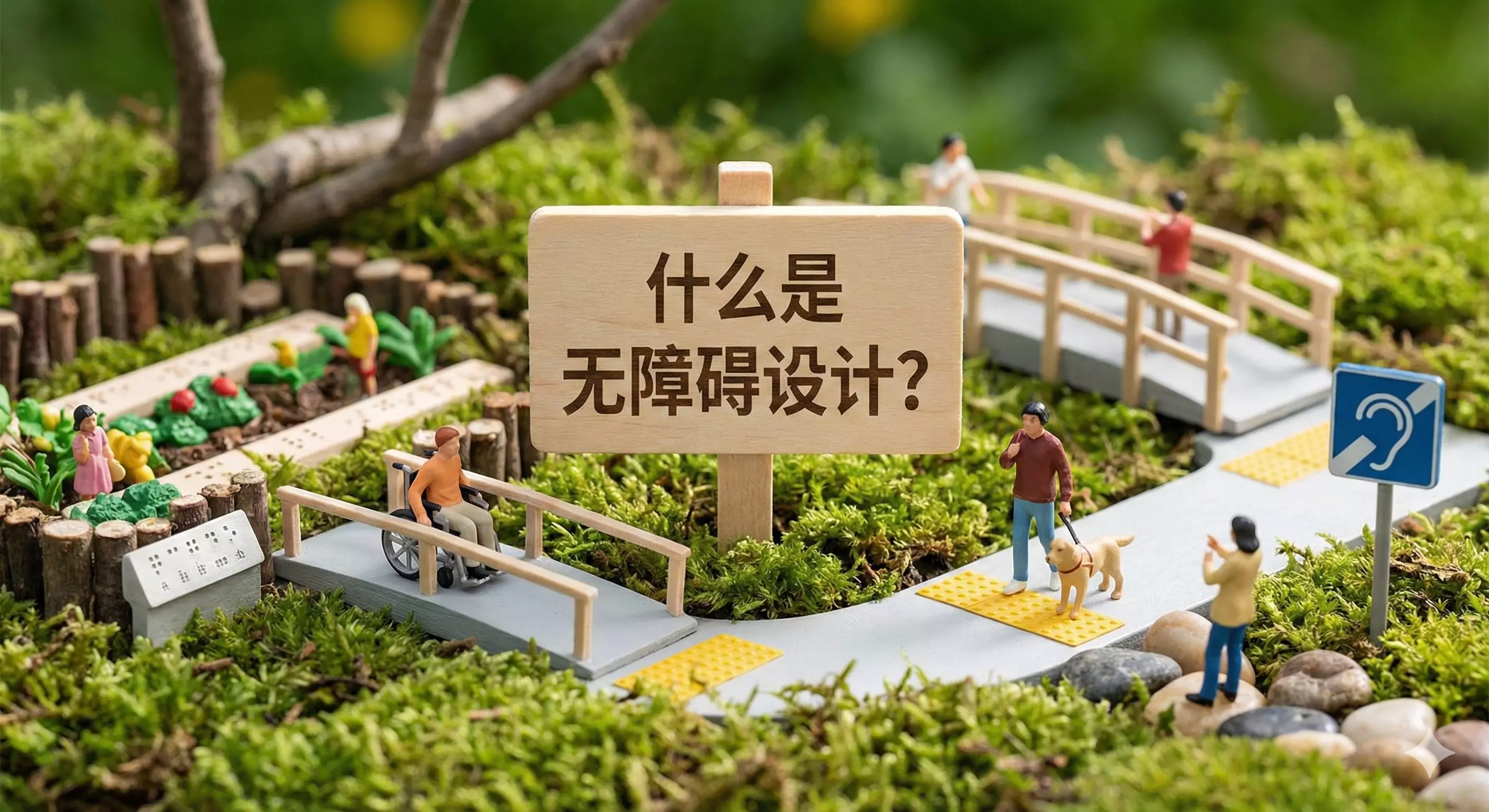 无障碍设计主题微缩场景：轮椅坡道、盲道、盲文标识和听力辅助标识。